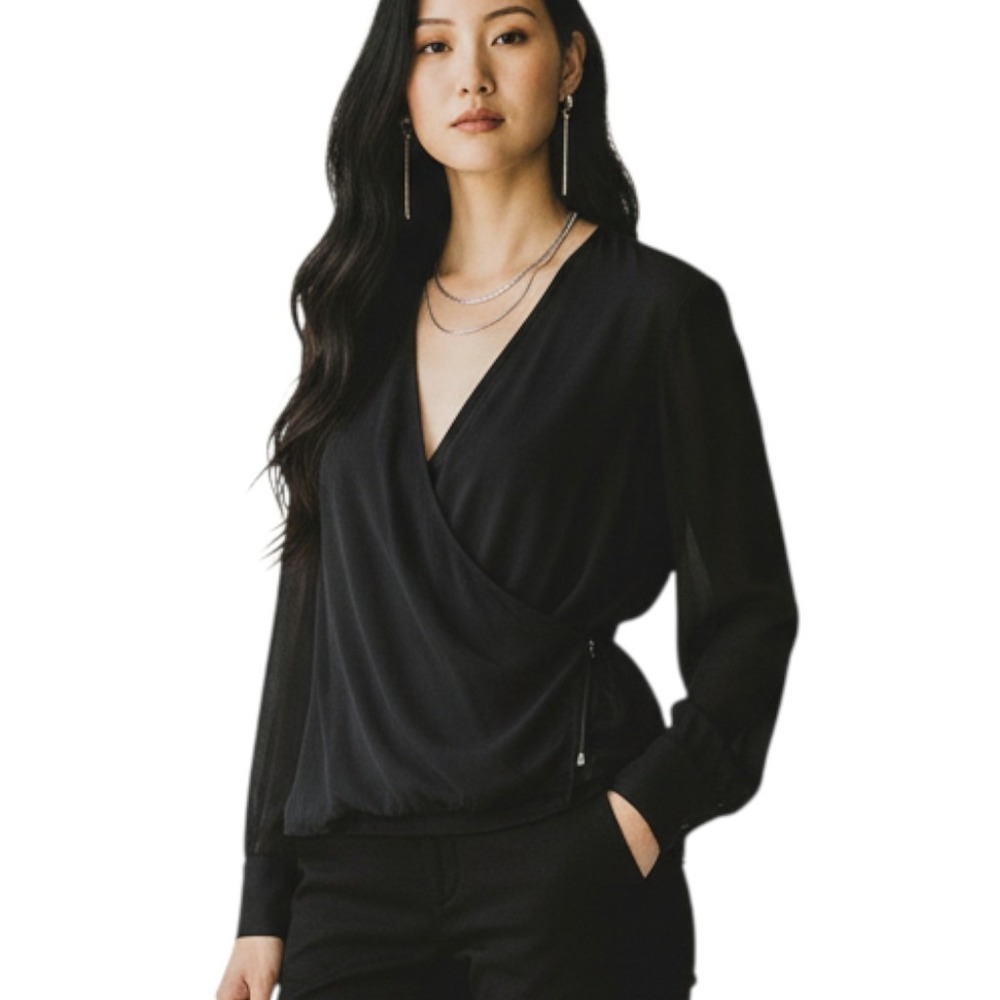 E3 ETCETERA Black Draped Faux Wrap Long Sleeve Blouse Women Size 4 Top Cocktail